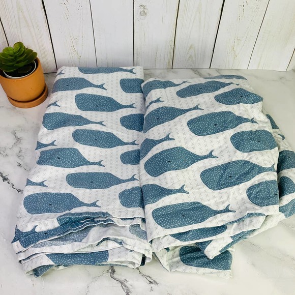 Land of Nod Toddler Bedsheets Blue High Seas Whale Sheet Set Fitted Flat - Picture 2 of 5